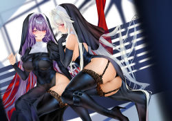 Rule 34 | 2girls, ass, bare shoulders, black footwear, black gloves, black headwear, black thighhighs, blush, boots, breasts, commentary request, elbow gloves, garter straps, gloves, hair intakes, high heels, highres, knee boots, large breasts, long hair, long sleeves, looking at viewer, multiple girls, nun, obiwan, original, parted lips, purple hair, red eyes, sitting, smile, thighhighs, thighs, weisuoxin, white hair