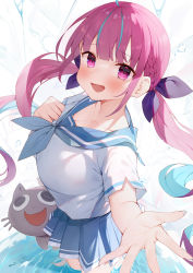 Rule 34 | 1girl, :d, absurdres, ahoge, blue hair, blue sailor collar, blue skirt, blunt bangs, blush, bow, braid, breasts, collarbone, colored inner hair, framed breasts, hair ribbon, hand on own chest, highres, hololive, large breasts, long hair, looking at viewer, minato aqua, multicolored hair, neckerchief, neko (minato aqua), open mouth, pink hair, pleated skirt, purple eyes, reaching, reaching towards viewer, ribbon, sailor collar, school uniform, serafuku, shirt, short sleeves, sidelocks, skirt, smile, solo, standing, streaked hair, toki (1243309499), twintails, two-tone hair, very long hair, virtual youtuber, water, white shirt
