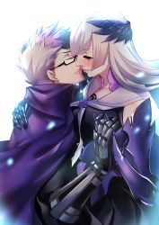 Rule 34 | 1boy, 1girl, armor, armored dress, black skirt, blunt bangs, brynhildr (fate), cape, closed eyes, couple, fate/grand order, fate (series), glasses, gloves, hetero, highres, imminent kiss, long hair, multicolored hair, popped collar, purple cape, purple eyes, purple hair, rahato, sigurd (fate), simple background, skirt, tears, two-tone hair, upper body, white background, white hair
