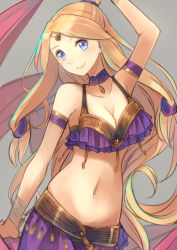 Rule 34 | 1girl, arabian clothes, blonde hair, blue eyes, breasts, choker, harem outfit, large breasts, long hair, looking at viewer, navel, simple background, smile, solo, standing, tiara, umasanjin