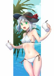 Rule 34 | 1girl, beach, bikini, breasts, cup, day, drinking straw, fate (series), gray (fate), green eyes, grey hair, hair between eyes, hat, highres, holding, holding cup, lord el-melloi ii case files, palm tree, shell, shell bikini, sideboob, small breasts, solo, sun hat, swimsuit, tree, wtk48