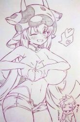 Rule 34 | 1boy, 1girl, breasts, catura (granblue fantasy), commentary request, cow hat, draph, gran (granblue fantasy), granblue fantasy, heart, highres, horns, huge breasts, lactation, long hair, monochrome, navel, nipples, one eye closed, projectile lactation, short shorts, shorts, smile, spoken heart, topless, traditional media, translation request, tsukareta san