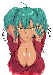 Rule 34 | 1girl, bare legs, breast press, breasts, dark-skinned female, dark skin, earrings, female focus, green hair, haiboku, hand in own hair, highres, holding, holding own hair, ikkitousen, jewelry, large breasts, long hair, looking at viewer, magatama, magatama earrings, naughty face, no bra, ryofu housen, shiny skin, simple background, skirt, solo, translation request, twintails, upper body