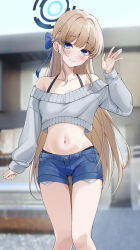 Rule 34 | 1girl, absurdres, alternate costume, blonde hair, blue archive, blue eyes, blue hair, blue shorts, blurry, blurry background, breasts, cleavage, closed mouth, commentary, feet out of frame, grey sweater, highres, indoors, lebring, long hair, long sleeves, looking at viewer, medium breasts, multicolored hair, navel, no halo, off-shoulder sweater, off shoulder, shorts, smile, solo, stomach, streaked hair, sweater, toki (blue archive)