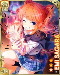 Rule 34 | 1girl, blouse, blue eyes, blue jacket, bow, breasts, cape, card, clenched teeth, crystal ball, curtains, desk, girlfriend (kari), glowing, hair ornament, hands up, holding own arm, hood, indoors, jacket, kneeling, large breasts, official art, orange hair, pain, paper, plaid, plaid skirt, qp:flapper, red bow, sagara emi, shirt, shoes, skirt, socks, solo, tablecloth, tagme, tattoo, teeth, twintails, v-shaped eyebrows, white shirt, window