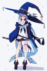 Rule 34 | 1girl, bare shoulders, black footwear, black sailor collar, blue hair, blue hat, blue jacket, blush, boots, closed mouth, collarbone, commentary request, dress, full body, grey background, hair between eyes, hat, highres, holding, holding sheath, jacket, katana, long hair, nagishiro mito, off shoulder, original, red eyes, sailor collar, sailor dress, sheath, sheathed, simple background, sleeveless, sleeveless dress, smile, solo, standing, straight-on, sword, weapon, white dress, witch hat