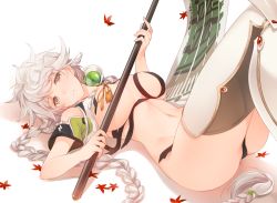 Rule 34 | 10s, 1girl, ass, asymmetrical hair, bare shoulders, bra, braid, breasts, cloud print, crop top, cupless bra, green thighhighs, hair ornament, kantai collection, large breasts, long hair, looking at viewer, navel, open clothes, open shirt, panties, parted lips, shirt, silver hair, single braid, solo, thighhighs, thighs, torn clothes, tousaki umiko, underboob, underwear, unryuu (kancolle), very long hair, wavy hair, yellow eyes