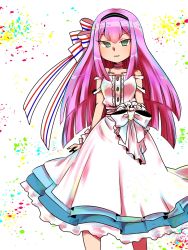 Rule 34 | 1girl, bare shoulders, dress, green eyes, hairband, inazuma eleven (series), inazuma eleven go, inazuma eleven go chrono stone, long hair, meia, miyachu, purple hair, ribbon, solo, very long hair