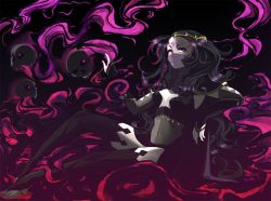 Rule 34 | 1girl, black hair, breasts, cape, cleavage, cleavage cutout, clothing cutout, elbow gloves, fire emblem, fire emblem fates, gloves, jewelry, long hair, looking at viewer, nintendo, nyx (fire emblem), purple eyes, skull, solo, tempenite, thighhighs, tiara, veil