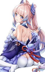 Rule 34 | 1girl, ass, ass cutout, back, blue eyes, blue hair, blunt bangs, breasts, butt crack, clothing cutout, detached collar, fanbox username, genshin impact, gloves, gradient hair, hair ornament, highres, long hair, looking at viewer, looking back, medium breasts, multicolored hair, no shoes, open mouth, pink hair, ponnyu12, ponytail, sangonomiya kokomi, sideboob, sidelocks, simple background, sitting, solo, two-tone hair, very long hair, wariza, white background, white gloves