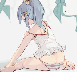Rule 34 | 1girl, blue hair, butt crack, female focus, from behind, hair intakes, hair ornament, highres, leaning to the side, nep (nep 76), original, panties, sitting, solo, strap slip, striped clothes, striped panties, twintails, underwear, wariza, x hair ornament