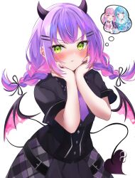 Rule 34 | 1girl, :t, black ribbon, black shirt, blush, closed mouth, commentary request, cowboy shot, demon girl, demon horns, demon tail, demon wings, eyelashes, green eyes, hair ornament, hair ribbon, hairpin, hands on own cheeks, hands on own face, hands up, heart, heart tail, highres, hololive, horns, ibuki sho, jealous, long hair, looking at viewer, low twintails, multicolored hair, necktie, pout, purple hair, purple necktie, ribbon, shirt, short sleeves, sidelocks, simple background, skirt, solo, streaked hair, tail, thought bubble, tokoyami towa, twintails, v-shaped eyebrows, virtual youtuber, white background, wings