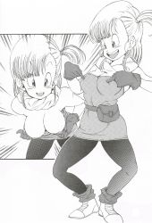 Rule 34 | 1girl, belt, breast poke, breasts, bulma, cleavage, dragon ball, dress, female focus, gloves, highres, large breasts, legs, long hair, looking at viewer, looking down, monochrome, nipples, open mouth, pantyhose, poking, scarf, shoes, side ponytail, smile, socks, standing, thighs, toriyama akira (style), young jijii