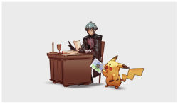 Rule 34 | 1boy, byleth (fire emblem), byleth (male) (fire emblem), chair, child&#039;s drawing, creatures (company), desk, fire emblem, fire emblem: three houses, game freak, gen 1 pokemon, gloves, green background, green hair, highres, looking at another, male focus, nin nakajima, nintendo, no mouth, pencil, pikachu, pokemon, pokemon (creature), simple background, super smash bros.