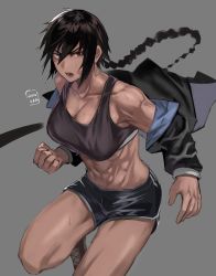 Rule 34 | 1girl, abs, bandaid, bare shoulders, black hair, braid, braided ponytail, breasts, cleavage, clenched hand, dark-skinned female, dark skin, grey background, gym shorts, highres, hunyan, long hair, muscular, muscular female, open hand, open mouth, original, shorts, simple background, sweat, sweatdrop, thighs, tomboy, toned, xiao (hunyan)