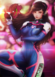 Rule 34 | 1girl, acronym, animal print, armor, blue bodysuit, blurry, blurry background, bodysuit, bokeh, boots, bracer, breasts, breasts apart, brown eyes, brown hair, crossed arms, d.va (overwatch), depth of field, deviantart username, divineimmortality, eyelashes, facepaint, facial mark, finger on trigger, gloves, gun, hand up, headphones, leg up, long hair, long sleeves, mecha, medium breasts, meka (overwatch), nose, overwatch, overwatch 1, parted lips, pauldrons, pilot suit, pink lips, rabbit print, ribbed bodysuit, robot, shoulder armor, shoulder pads, skin tight, solo, standing, standing on one leg, teeth, thigh boots, thigh strap, thighhighs, turtleneck, weapon, whisker markings, white footwear, white gloves