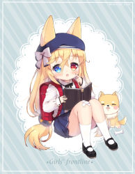 Rule 34 | 1girl, animal, animal ears, backpack, bad hands, bad id, bad pixiv id, bad proportions, bag, bandaid, bandaid on knee, bandaid on leg, beret, black footwear, blonde hair, blue eyes, blue hat, blue skirt, blush, book, bow, cartoon bone, closed eyes, collared shirt, commentary request, convenient leg, crossed bandaids, diagonal stripes, dog, doily, ears through headwear, fingernails, foreign blue, g41 (girls&#039; frontline), girls&#039; frontline, hair between eyes, hat, hat bow, heterochromia, highres, holding, holding book, korean commentary, long hair, long sleeves, looking at viewer, low-tied long hair, mary janes, open book, parted lips, pleated skirt, poorly drawn, randoseru, red eyes, shirt, shoes, sitting, skirt, sleeves past wrists, socks, solo, striped, striped background, suspender skirt, suspenders, teeth, tongue, tongue out, upper teeth only, very long hair, white bow, white shirt, white socks