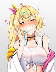 Rule 34 | 1girl, after fellatio, aftersex, ahoge, bare shoulders, blonde hair, blush, breasts, choker, cleavage, collarbone, condom, cum, dot nose, female focus, grin, hair ornament, hair ribbon, half-closed eyes, hand up, heart, heart-shaped pupils, heterochromia, highres, holding, holding condom, hoshikawa sara, huge ahoge, large breasts, long hair, looking at viewer, nijisanji, nipples, off shoulder, one side up, pink ribbon, red eyes, ribbon, sekino takehiro, shiny skin, simple background, smile, solo, stray pubic hair, symbol-shaped pupils, teeth, upper body, used condom, virtual youtuber, x hair ornament, yellow eyes, yellow ribbon