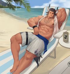 Rule 34 | 1boy, abs, absurdres, animal ears, arknights, bara, bare pectorals, beach, brown hair, bulge, closed eyes, cow boy, cow ears, cow horns, facial hair, facing viewer, highres, horns, large pectorals, lying, male focus, male swimwear, matterhorn (arknights), matterhorn (beach guard) (arknights), medium hair, muscular, muscular male, navel, nipples, official alternate costume, on back, pectorals, see-through, shirt, sleeping, sleeveless, sleeveless shirt, solo, stomach, stubble, swim trunks, swimsuit, thick thighs, thighs, white male swimwear, white shirt, white swim trunks, xianyusamuel