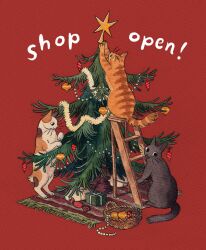 Rule 34 | animal focus, black cat, black eyes, black fur, calico, candy, cat, christmas, christmas ornaments, christmas tree, english text, food, from behind, garland (decoration), gift, heikala, highres, ladder, looking at viewer, looking back, looking to the side, multiple cats, no humans, orange cat, orange fur, original, red background, rug, simple background, wrapped candy