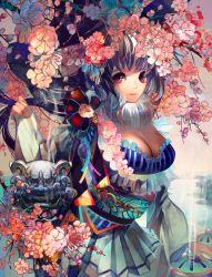 Rule 34 | 1girl, branch, breasts, cherry blossoms, cleavage, dress, expressionless, flower, frills, fumo, komainu, large breasts, long hair, looking at viewer, original, pleated skirt, purple eyes, purple hair, ribbon, sengoku taisen, skirt, solo, striped, vertical stripes
