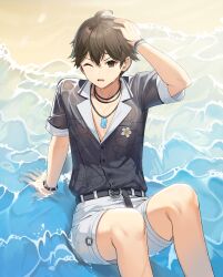Rule 34 | 1boy, ;o, ahoge, arm support, bare legs, beach, belt, black belt, black eyes, black hair, black shirt, boutonniere, bracelet, closers, feet out of frame, floral print, flower, hair between eyes, hand on own head, highres, jewelry, male focus, necklace, ocean, official art, on floor, one eye closed, open mouth, sand, seha lee, shirt, short hair, short sleeves, shorts, sitting, soaking feet, solo, v-shaped eyebrows, wet, wet clothes, wet face, wet shirt, white flower, white shorts