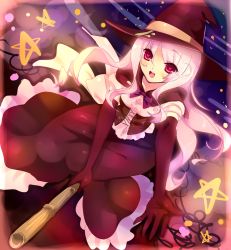 Rule 34 | 1girl, broom, broom riding, elbow gloves, gloves, hat, highres, long hair, original, pink hair, red eyes, ribbon, solo, tokira nozumi, witch, witch hat