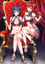 Rule 34 | 2girls, alternate costume, artist request, bare legs, bare shoulders, bikini, black hair, blush, breasts, chair, corruption, cup, drinking glass, erze (king&#039;s raid), fang, flower, hair ribbon, high heels, highres, horns, king&#039;s raid, large breasts, leotard, long hair, looking at viewer, multiple girls, open mouth, red eyes, red flower, red hair, red rose, ribbon, rose, sandals, sarong, seria (king&#039;s raid), shiny clothes, shiny skin, siblings, sisters, sitting, smile, swimsuit, very long hair, wine glass