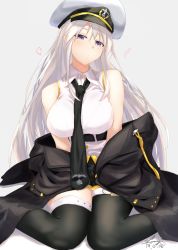 Rule 34 | 1girl, absurdres, azur lane, bare shoulders, belt, black belt, black neckwear, black thighhighs, breasts, closed mouth, coat, dated, enterprise (azur lane), grey background, hat, heart, highres, large breasts, long hair, military hat, open clothes, open coat, purple eyes, sebire, seiza, shirt, signature, sitting, sleeveless, sleeveless shirt, solo, thighhighs, underbust, white hair, white hat