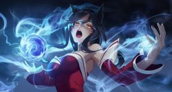 Rule 34 | 1girl, ahri (league of legends), animal ears, armpit crease, armpits, bare shoulders, black hair, breasts, detached sleeves, facial mark, fangs, fox ears, fox girl, half-closed eyes, highres, kushibi, league of legends, long hair, long sleeves, looking at viewer, medium breasts, nail polish, off shoulder, open mouth, orb, outstretched arms, smoke, solo, spread arms, strapless, upper body, whisker markings, yellow eyes