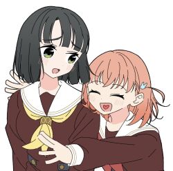 2girls :d ^_^ black_hair blunt_bangs blunt_ends blush breasts brown_dress closed_eyes commentary_request crossed_bangs dress green_eyes hair_ornament hasu_no_sora_school_uniform heart heart_in_mouth highres hinoshita_kaho hug hug_from_behind link!_like!_love_live! llkapital long_sleeves looking_at_another love_live! medium_breasts medium_hair momose_ginko multiple_girls neckerchief open_mouth orange_hair rabbit_hair_ornament red_neckerchief sailor_collar sailor_dress school_uniform short_hair simple_background smile two_side_up upper_body virtual_youtuber white_background white_sailor_collar winter_uniform yellow_neckerchief