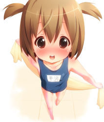 Rule 34 | 1girl, :d, aged down, ahoge, blush, brown eyes, brown hair, child, drying, from above, hirasawa yui, k-on!, one-piece swimsuit, open mouth, pu-en, round teeth, school swimsuit, short hair, short twintails, smile, solo, swimsuit, teeth, towel, twintails