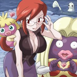 Rule 34 | 00s, 1girl, :p, adjusting eyewear, beach, breasts, cleavage, covered erect nipples, creatures (company), dewgong, elite four, from above, game freak, gen 1 pokemon, gen 2 pokemon, glasses, heart, heart hands, jynx, large breasts, lorelei (pokemon), nintendo, ocean, pencil skirt, pokemoa, pokemon, pokemon (creature), pokemon frlg, red eyes, red hair, saliva, skirt, sleeveless, smoochum, tongue, tongue out, water