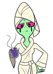 Rule 34 | 1girl, bathrobe, closed mouth, colored sclera, colored skin, freckles, green skin, lord dominator, pink sclera, robe, simple background, solo, wander over yonder, white background, white hair
