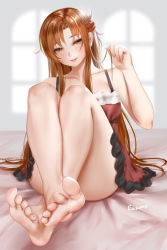Rule 34 | 1girl, alternate costume, artist name, asuna (sao), bare shoulders, barefoot, blush, braid, brown eyes, brown hair, collarbone, commentary request, dress, easonx, feet, foot focus, foreshortening, frills, hand up, highres, holding, holding hair, long hair, looking at viewer, on bed, parted lips, red dress, sitting, smile, soles, solo, strap slip, sword art online, toes
