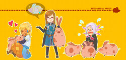 Rule 34 | 3boys, artist name, black coat, black footwear, black gloves, blonde hair, blue coat, blush, boots, brown footwear, brown hair, buttons, closed eyes, coat, commentary request, crying, dated, dist (tales), double-breasted, elbow gloves, full body, glasses, gloves, heart, highres, jade curtiss, kanon (rsl), layered sleeves, long hair, long sleeves, looking at viewer, multiple boys, open mouth, orange pants, pants, peony ix, pig, puffy pants, purple hair, red eyes, sandals, shirt, short hair, short over long sleeves, short sleeves, sitting, smile, standing, swept bangs, tales of (series), tales of the abyss, white gloves, white shirt
