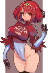 Rule 34 | 1girl, alternate costume, breasts, cleavage cutout, clothing cutout, cosplay, crossover, dakusuta, gloves, highleg, highres, juliet sleeves, large breasts, leotard, long sleeves, nier:automata, nier (series), nintendo, puffy sleeves, pyra (xenoblade), red eyes, red hair, short hair, solo, swept bangs, white leotard, xenoblade chronicles (series), xenoblade chronicles 2, 2b (nier:automata), 2b (nier:automata) (cosplay)