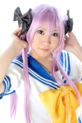 Rule 34 | cosplay, hair ribbon, hiiragi kagami, hitachi fuyuki, lucky star, photo (medium), purple hair, ribbon, sailor, school uniform, serafuku, twintails