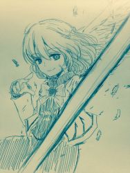 Rule 34 | 1girl, bow, bowtie, braid, chop, closed mouth, commentary request, cowboy shot, dress, efukei, feathered wings, feathers, french braid, hair between eyes, highres, jacket, kishin sagume, long sleeves, looking at viewer, monochrome, open clothes, open jacket, short hair, single wing, smile, solo, traditional media, wings