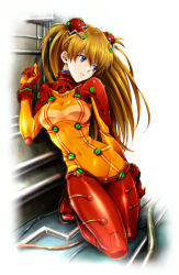Rule 34 | 00s, 1girl, arm up, blue eyes, bodysuit, cable, evangelion: 2.0 you can (not) advance, kneeling, latex, leaning, long hair, looking away, multicolored clothes, neon genesis evangelion, orange hair, plugsuit, rebuild of evangelion, red bodysuit, see-through, see-through bodysuit, shiny clothes, skin tight, solo, souryuu asuka langley, test plugsuit, togetsuhou, very long hair, wide hips