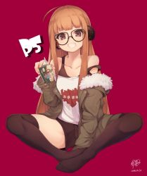 Rule 34 | 10s, 1girl, ahoge, black-framed eyewear, black shorts, black tank top, black thighhighs, brown eyes, collarbone, commentary request, copyright name, dated, full body, fur-trimmed jacket, fur trim, glasses, green jacket, grin, head tilt, headphones, holding, jacket, light brown hair, long hair, long sleeves, natsuki teru, no shoes, off shoulder, open clothes, open jacket, persona, persona 5, purple background, sakura futaba, shirt, short shorts, shorts, signature, simple background, sitting, sleeves past fingers, sleeves past wrists, smile, solo, strap slip, tank top, thighhighs, very long hair, white shirt