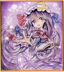 Rule 34 | 1girl, book, crescent, dated, dress, hair ribbon, hat, long hair, looking at viewer, mob cap, mosho, open book, open mouth, outstretched hand, patchouli knowledge, purple dress, purple eyes, purple hair, ribbon, shikishi, signature, solo, striped clothes, striped dress, touhou, traditional media, tress ribbon, very long hair