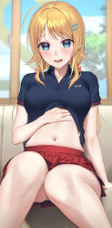 Rule 34 | 1girl, ahoge, blonde hair, blue eyes, blue shirt, blush, breasts, clothes lift, hachimiya meguru, hair ornament, hairclip, highres, idolmaster, idolmaster shiny colors, large breasts, lifted by self, long hair, looking at viewer, low twintails, monegi, navel, open mouth, pleated skirt, polo shirt, shirt, shirt lift, skirt, smile, solo, star (symbol), star hair ornament, twintails