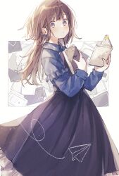 Rule 34 | 1girl, black skirt, blue shirt, blush, book, bookmark, brown hair, closed mouth, commentary request, frilled skirt, frills, grey eyes, highres, holding, holding book, layered sleeves, long hair, long sleeves, looking at viewer, looking to the side, open book, original, paper airplane, shano-pirika, shirt, short over long sleeves, short sleeves, skirt, solo