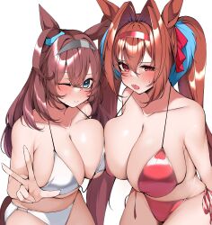 Rule 34 | 2girls, absurdres, ahoge, animal ears, bikini, blue eyes, blush, breasts, brown hair, closed mouth, collarbone, commentary request, commission, daiwa scarlet (umamusume), fang, grey hairband, hair between eyes, hairband, highres, horse ears, horse girl, horse tail, huge breasts, kshimu, long hair, looking at viewer, mihono bourbon (umamusume), multiple girls, one eye closed, open mouth, red bikini, red eyes, red hair, red hairband, side-tie bikini bottom, simple background, skeb commission, smile, swimsuit, tail, umamusume, white background, white bikini