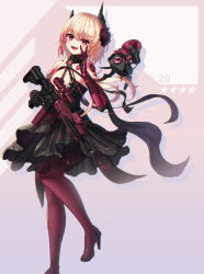 Rule 34 | 1girl, :d, absurdres, assault rifle, bare shoulders, black dress, blonde hair, boots, breasts, commentary, dress, elbow gloves, feet out of frame, girls&#039; frontline, gloves, gun, hair between eyes, hand on own face, hand up, high heel boots, high heels, highres, holding, holding gun, holding weapon, long hair, looking at viewer, m4 carbine, m4 sopmod ii (devourer of the feast) (girls&#039; frontline), m4 sopmod ii (girls&#039; frontline), medium breasts, name connection, object namesake, official alternate costume, open mouth, pantyhose, purple gloves, red eyes, red footwear, red thighhighs, rifle, smile, solo, standing, standing on one leg, star (symbol), stratosphere (coom1017), thigh boots, thighhighs, very long hair, weapon