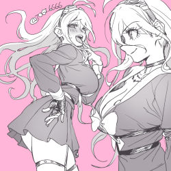 Rule 34 | 1girl, antenna hair, artist name, barbed wire, blush, bow, bowtie, breasts, choker, cleavage, danganronpa (series), danganronpa v3: killing harmony, fingerless gloves, from side, gloves, goggles, goggles on head, iruma miu, large breasts, long hair, messy hair, miniskirt, multiple views, pink background, pleated skirt, simple background, skirt, teeth, togi9999, tongue, tongue out, upper teeth only