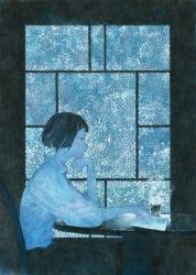 Rule 34 | 1girl, backlighting, black eyes, black hair, blue theme, book, chair, clenched hand, coffee, collared shirt, colored pencil (medium), cup, curled fingers, downscaled, drink, drinking glass, elbow rest, expressionless, feet out of frame, from side, fuyuno kamome, glass, head rest, holding, holding book, indoors, long sleeves, looking away, mole, mole under eye, on chair, original, outstretched arm, profile, puffy long sleeves, puffy sleeves, resized, shirt, shirt tucked in, short bangs, short hair, sitting, sleeves past elbows, solo, stained glass, steam, table, traditional media, white shirt, window, wooden table