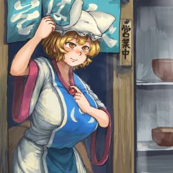 Rule 34 | 1girl, adapted costume, adjusting clothes, animal hat, blonde hair, blush, bowl, breasts, brown eyes, chanta (ayatakaoisii), cowboy shot, extra ears, fox tail, hair between eyes, hand up, hat, highres, huge breasts, looking afar, mob cap, multiple tails, nose blush, shirt, short hair, short sleeves, skirt, solo, tabard, tail, touhou, translation request, walking, white shirt, white skirt, wide sleeves, yakumo ran