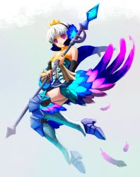 Rule 34 | 1girl, armor, armored dress, bad id, bad pixiv id, boots, crown, dress, feathers, gwendolyn (odin sphere), multicolored wings, odin sphere, sankaku (pixi5000), shiden, solo, strapless, strapless dress, wings